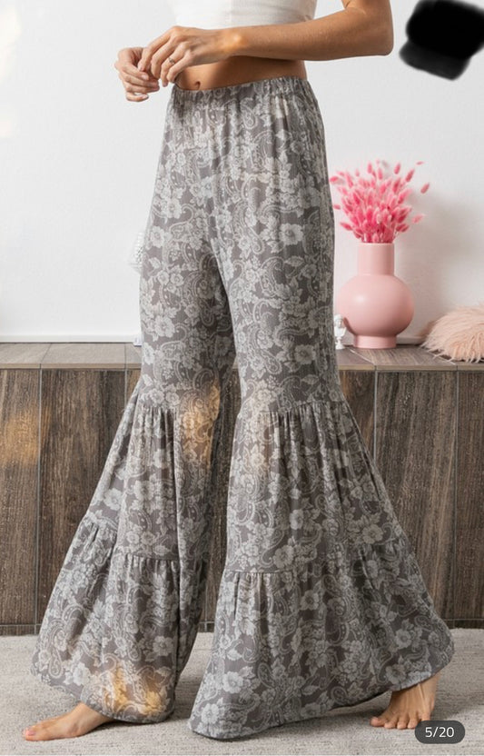 FLORAL PRINTED WOVEN TIERED FLARED PANTS