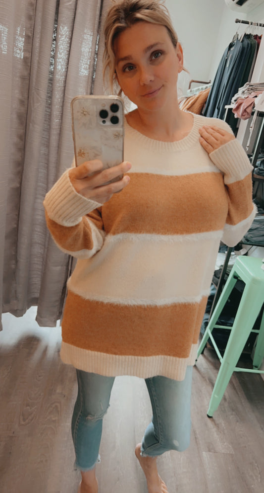 Fuzzy Striped Crew Neck Sweater