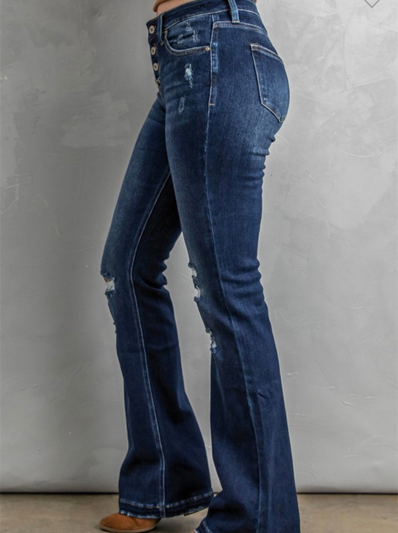 Dark Washed Distressed Flare Bottom Jeans