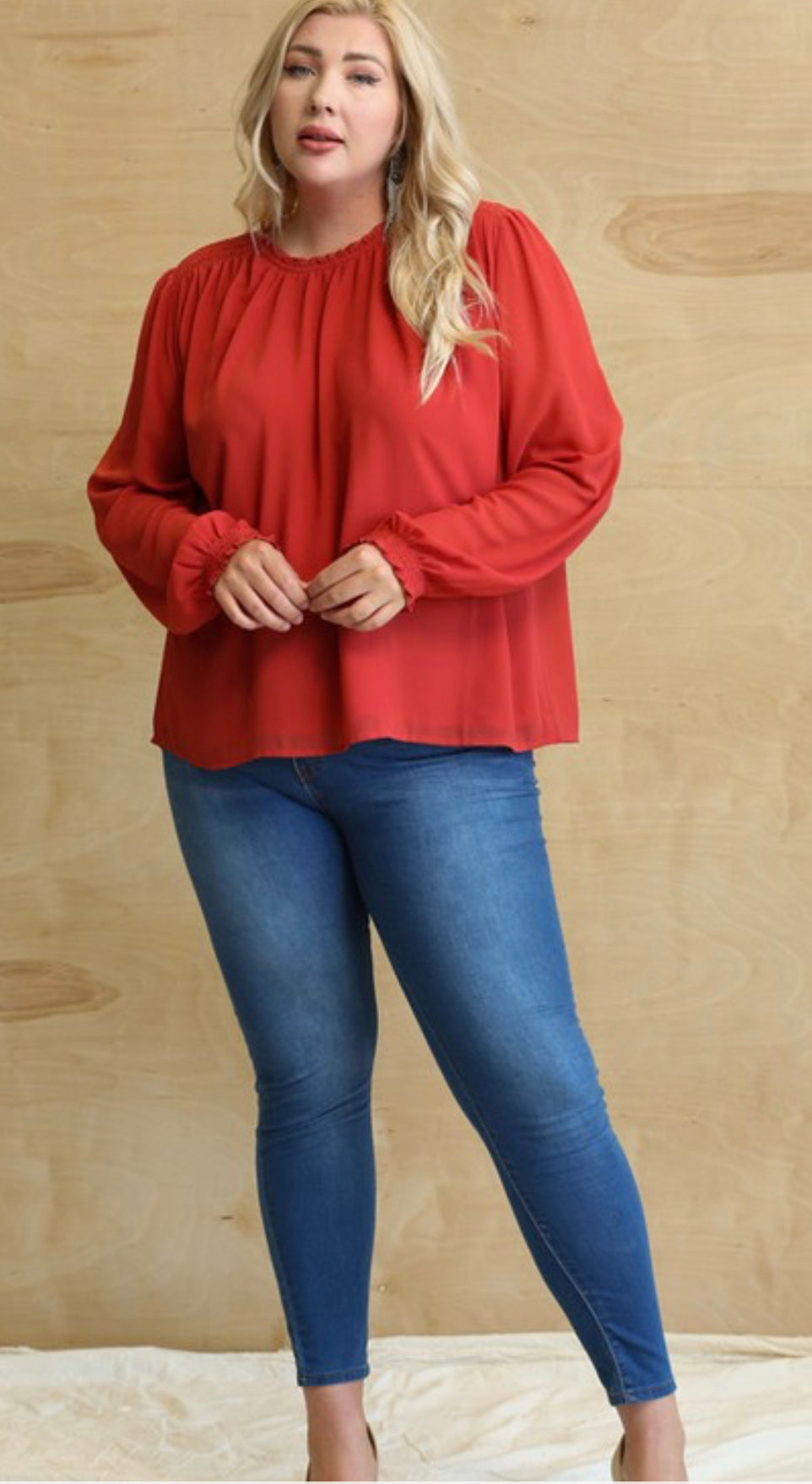 Curvy Solid Chiffon and Smocked Detail Blouse