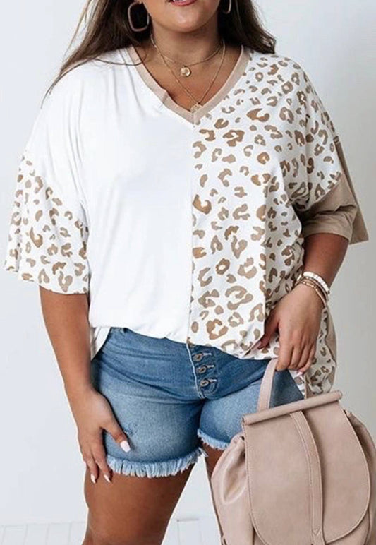 Curvy White Leopard Patchwork Short Sleeve Top