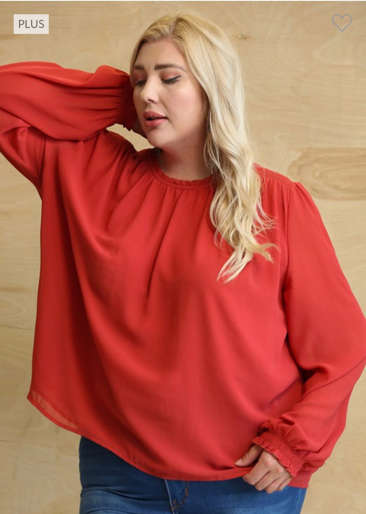 Curvy Solid Chiffon and Smocked Detail Blouse