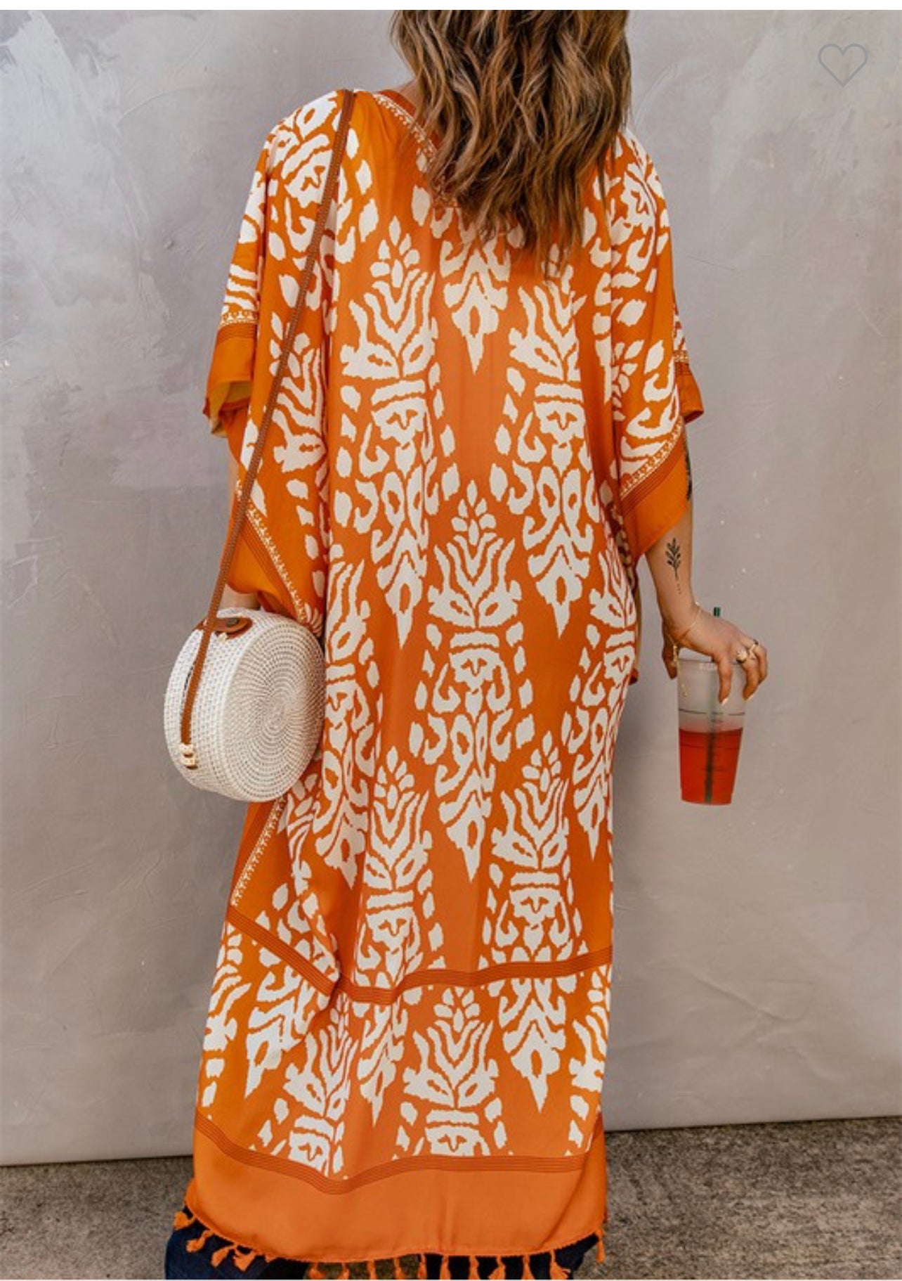 Orange Printed Tassel Open Front Kimono