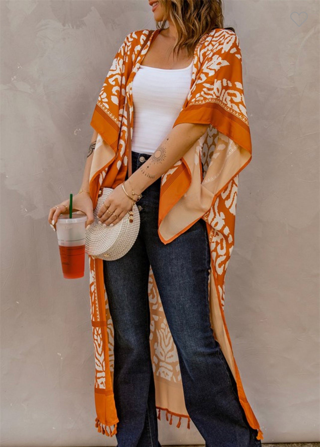 Orange Printed Tassel Open Front Kimono