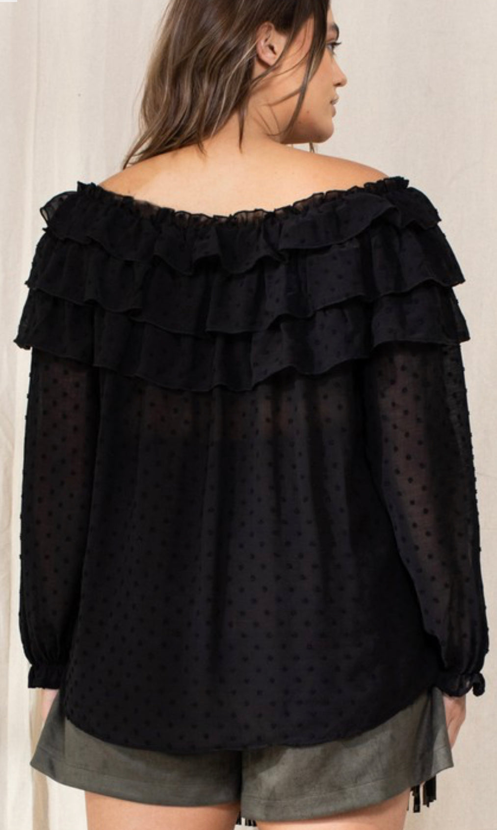 Curvy Ruffle Tiered Off Shoulder Dot Texture Bous