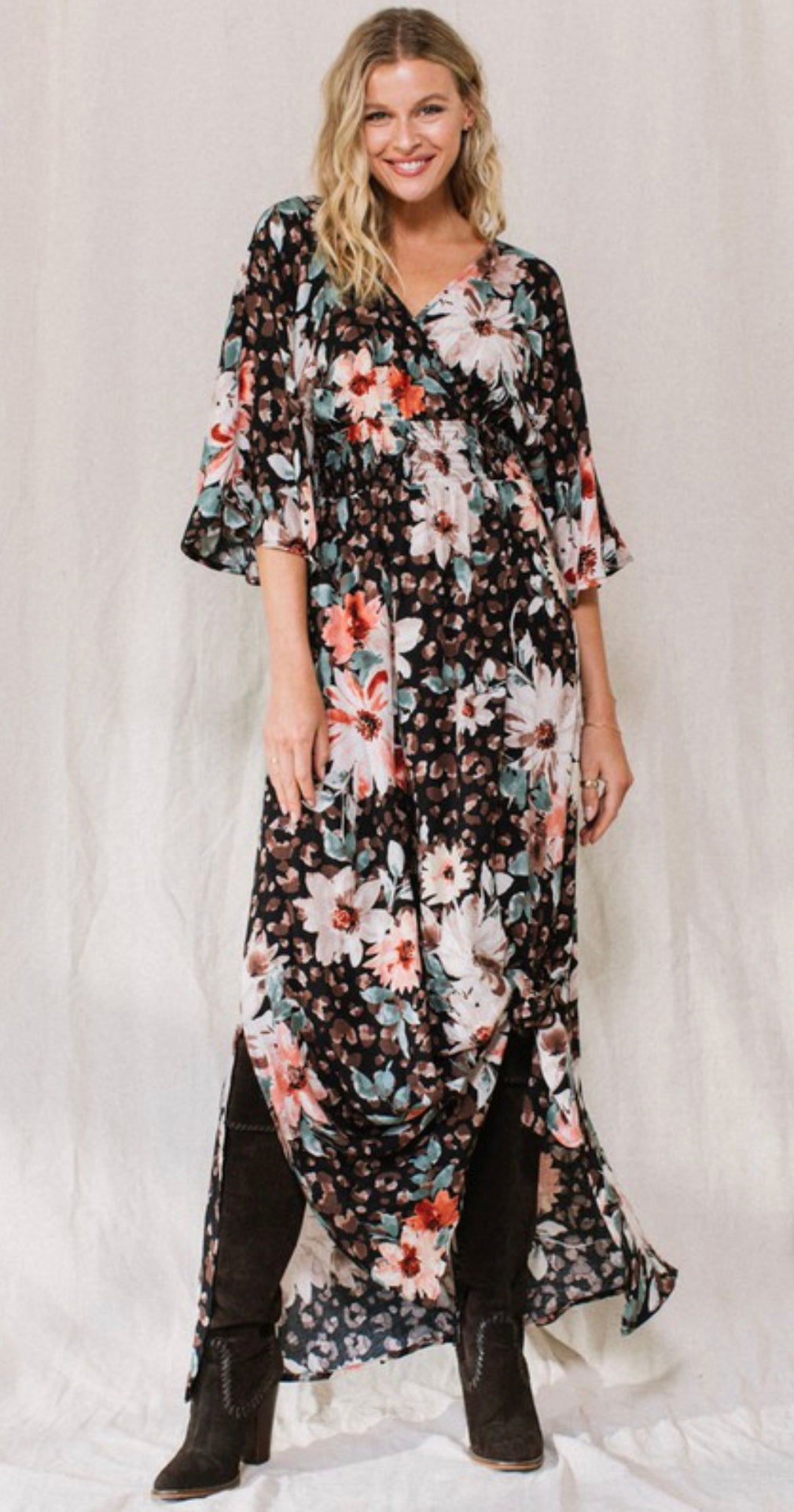 Leopard Floral Print Maxi Wrap Dress