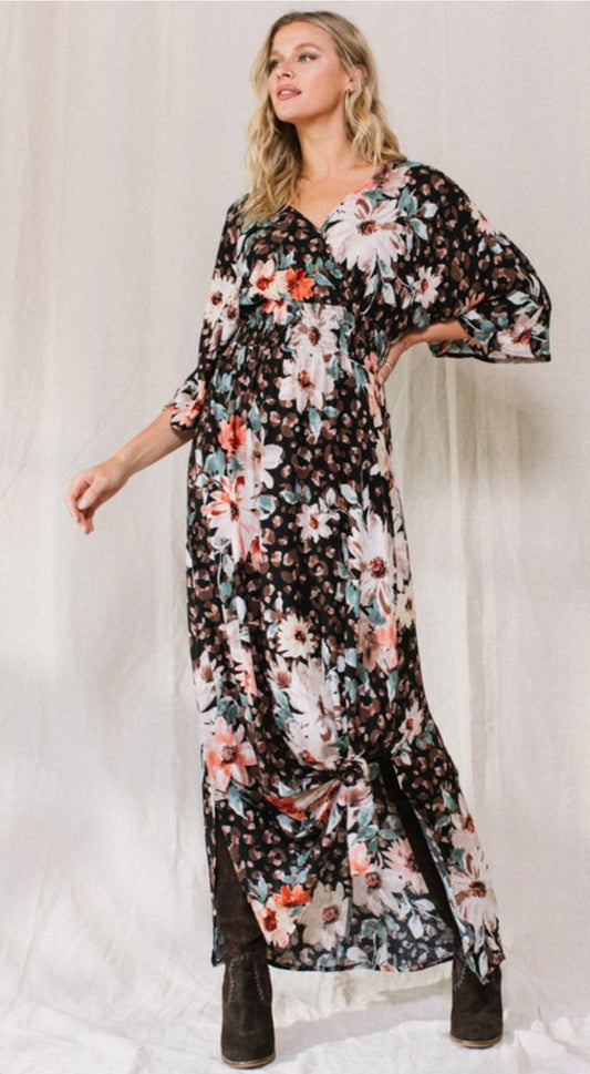 Leopard Floral Print Maxi Wrap Dress