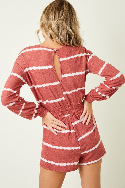 Striped Long Sleeve Romper With Back Keyhole