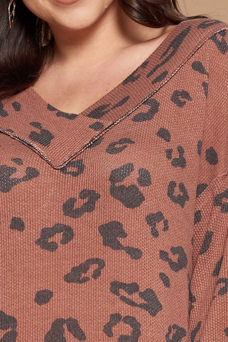 Curvy Leopard Printed Knit Top Long Sleeve