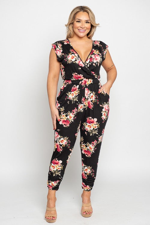 Curvy Floral Surplice Jumpsuit