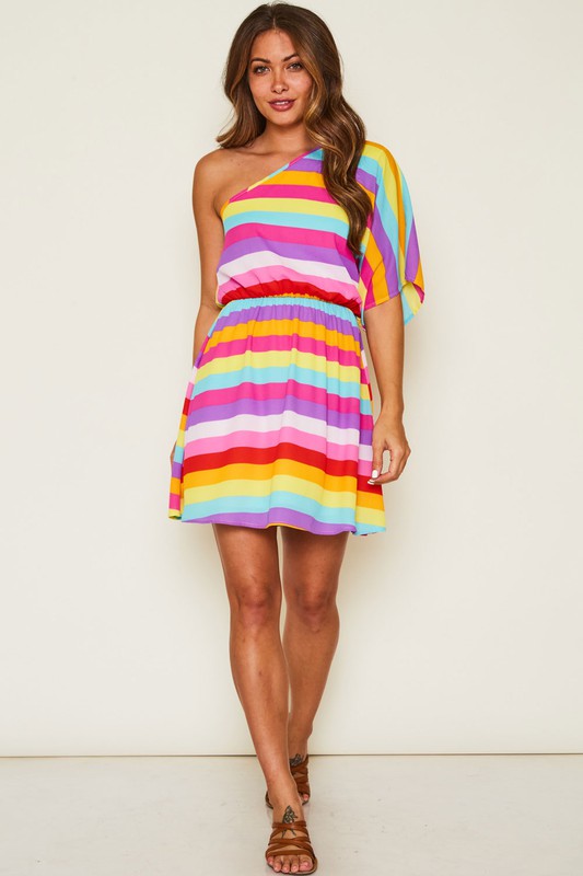 One Shoulder Multi Stripe Gathered Mini Dress