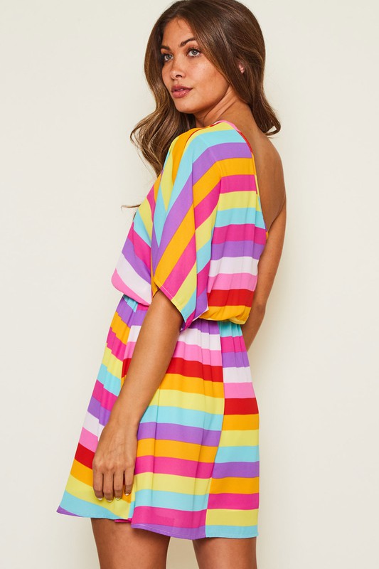 One Shoulder Multi Stripe Gathered Mini Dress