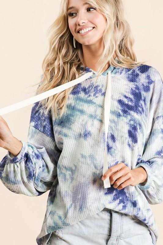 Tie Dye Waffle Hoodie With Puff Sleeves